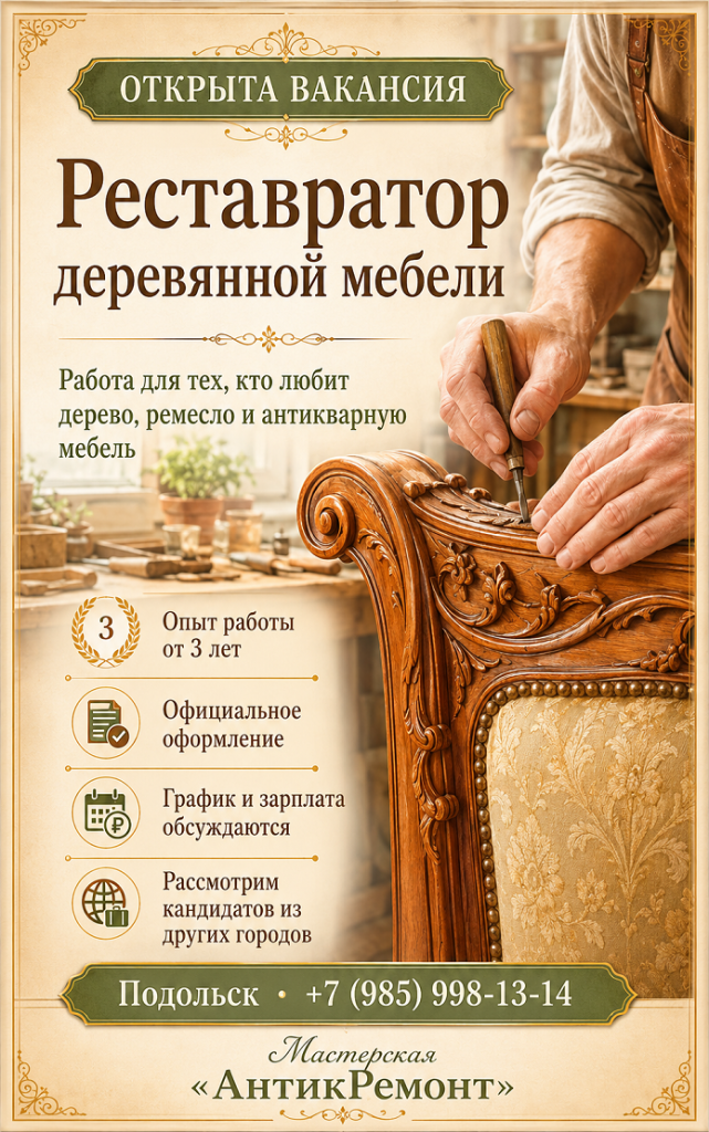 Вакансия реставратора деревянной мебели в мастерской АнтикРемонт